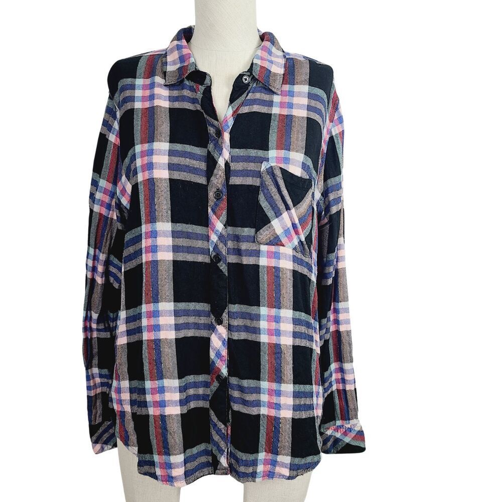 Rails Womens Gold Metallic Thread Plaid Button Up Top L Multicolor Long Sleeve